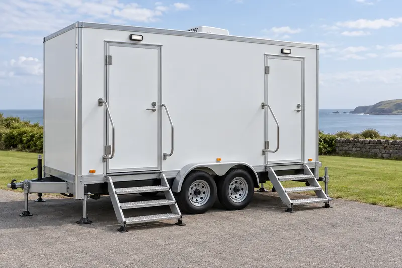 White trailer with steps and exterior handrails