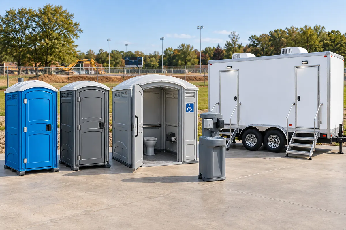 Illustrative portable restroom lineup with blue and grey cabins, a wider-entry unit, a handwashing station and a white trailer