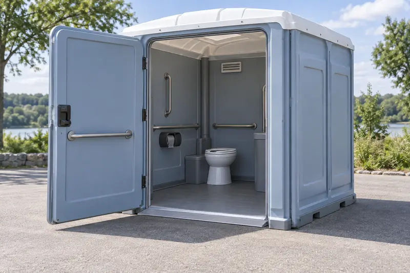Portable restroom with wider doorway and grab rails