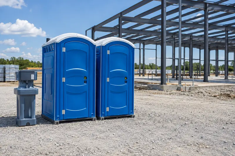 Temporary restroom equipment beside a building frame