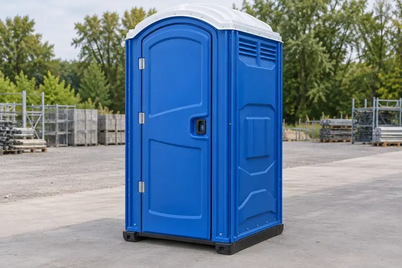 Blue standalone portable restroom cabin