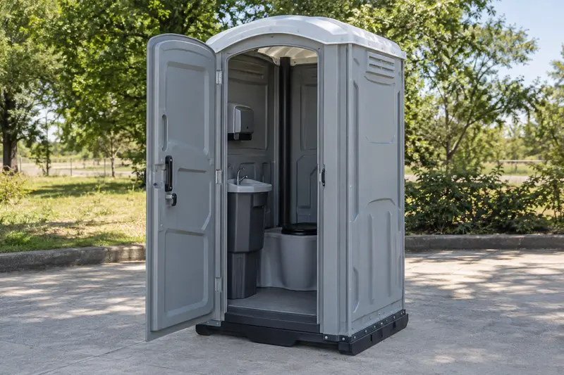 Portable toilet with open door and interior fittings