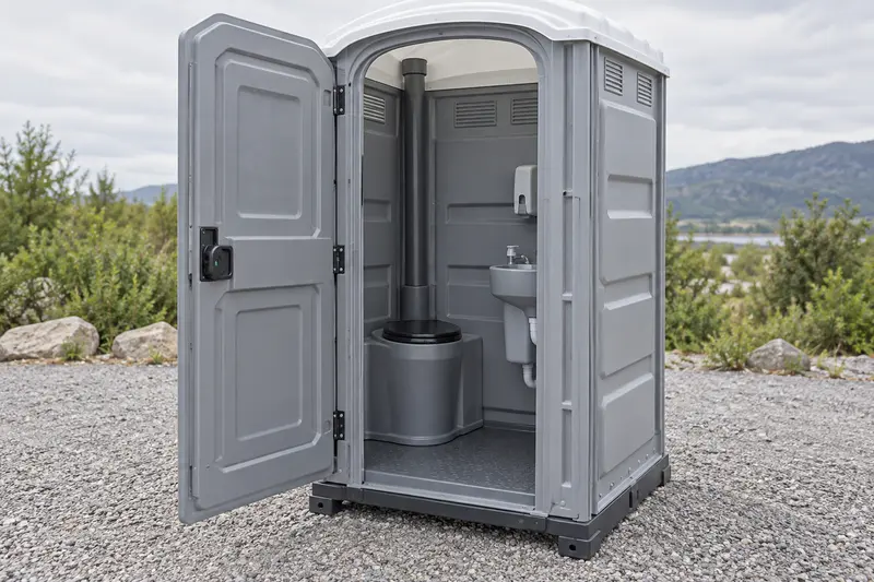 Upgraded portable restroom with interior visible