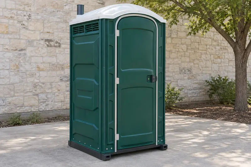 Green standard portable toilet with the complete roof and base visible